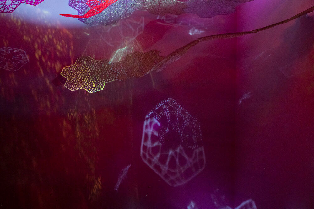 Installation View: Cosmic Veils, 2020,&amp;nbsp;Laser-cut fluorescent &amp;amp; transparent acrylic &amp;amp; dichroic film, dimensions variable

Alexandre Hogue Gallery,&amp;nbsp;University of Tulsa, Oklahoma