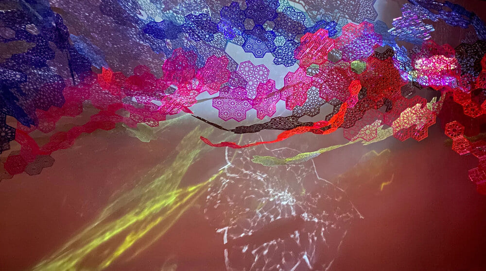 Installation View: Cosmic Veils, 2020,&amp;nbsp;Laser-cut fluorescent &amp;amp; transparent acrylic &amp;amp; dichroic film, dimensions variable

Alexandre Hogue Gallery,&amp;nbsp;University of Tulsa, Oklahoma