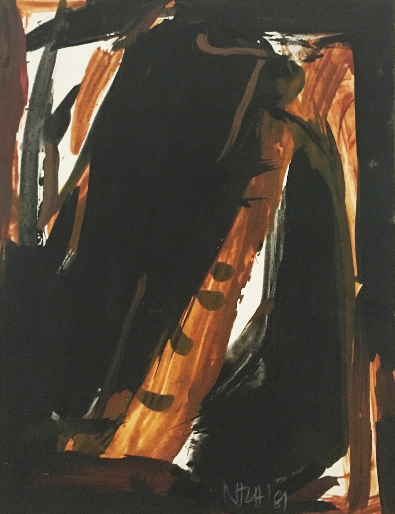 Abstract painting in brown and black tones on paper