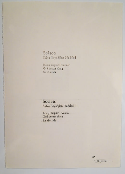 Youdhisthir Maharjan
Displaced Solace
2017
Hand-cut text collage on reclaimed book page
9.5 x 6.75 in.
$900