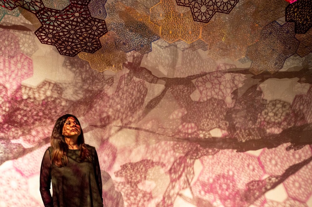 Installation View: Cosmic Veils, 2020,&amp;nbsp;Laser-cut fluorescent &amp;amp; transparent acrylic &amp;amp; dichroic film, dimensions variable

Alexandre Hogue Gallery,&amp;nbsp;University of Tulsa, Oklahoma