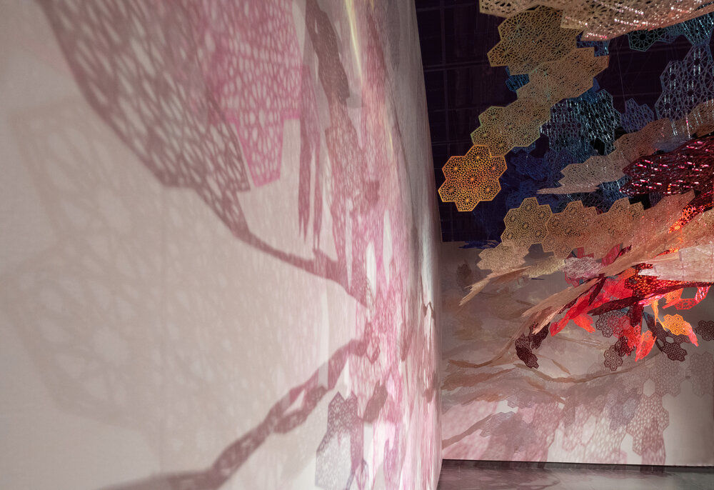 Installation View: Cosmic Veils, 2020,&amp;nbsp;Laser-cut fluorescent &amp;amp; transparent acrylic &amp;amp; dichroic film, dimensions variable

Alexandre Hogue Gallery,&amp;nbsp;University of Tulsa, Oklahoma