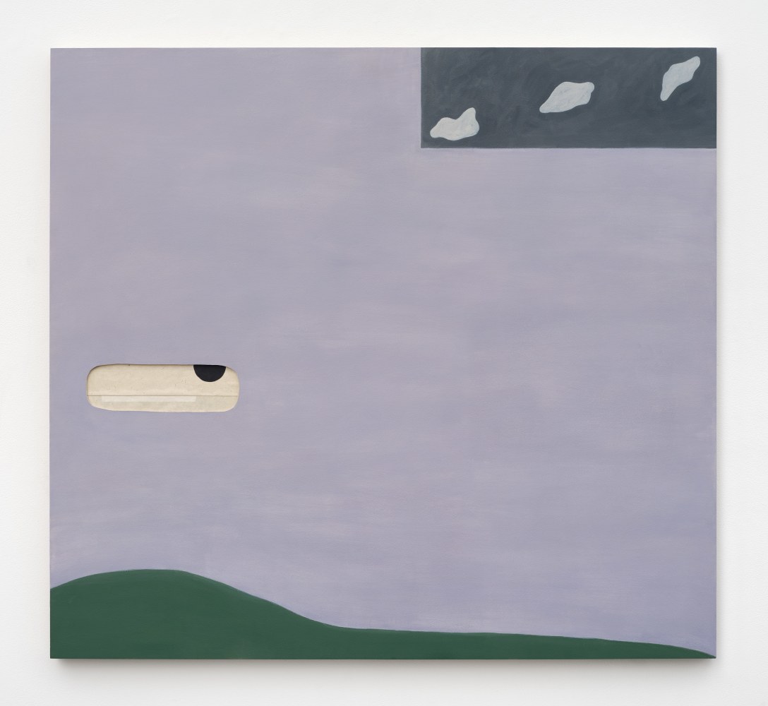 A lavender painting of a green hill with clouds above and a cut out revealing a black polkadot on paper beneath the wood panel.