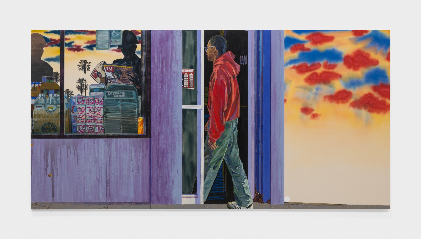 A three panel painting by Tidawhitney Lek depicting a man in  red sweatshirt walking into a liquor store wherein the silhouettes of men in military attire read the TV guide.