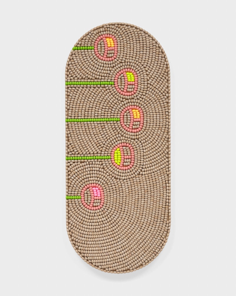 An artwork comprised of hand dyed maple wood beads with five floral shapes patterned in on a pill shaped panel.