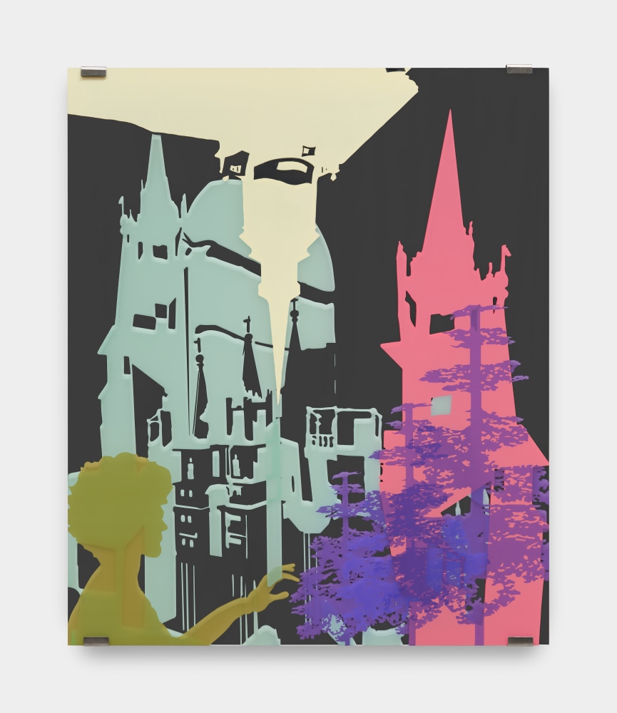 Layers of silkscreened images of churches, trees and a woman's silhouette in pink, purple, green, aqua and grey on mirrored plexiglass.