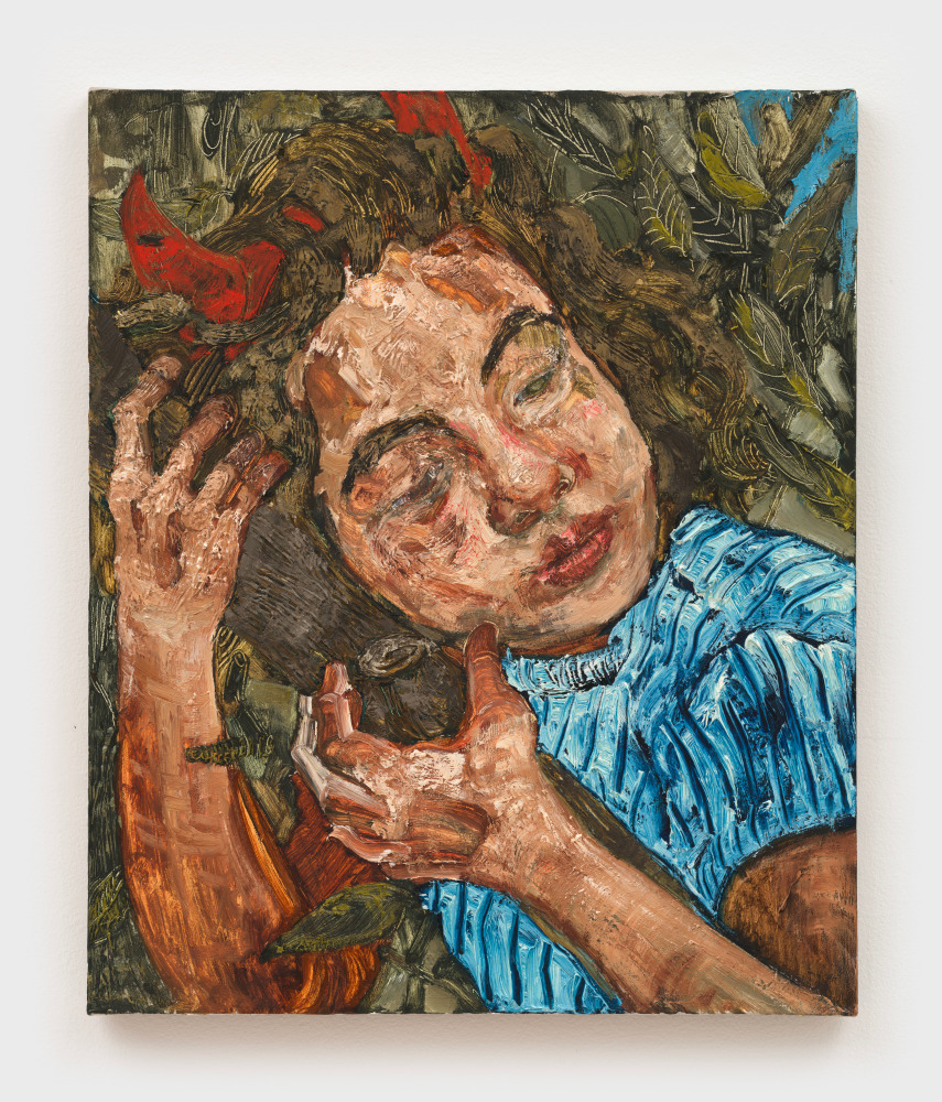 A painting of a girl in a blue dress holding a log to her face and wearing red devil horns.