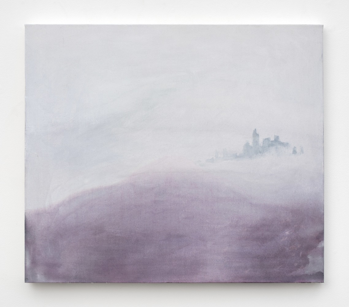 Cloudy washes of grey and pale purples comprise a painting that reveals a distant city scape seemingly surrounded by cloud.