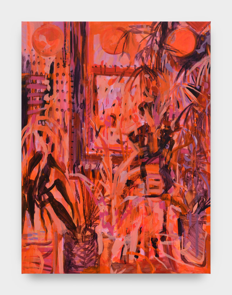 A painting by Elizabeth Schwaiger in orange and purple hues of a room with sprawling plants and a window.