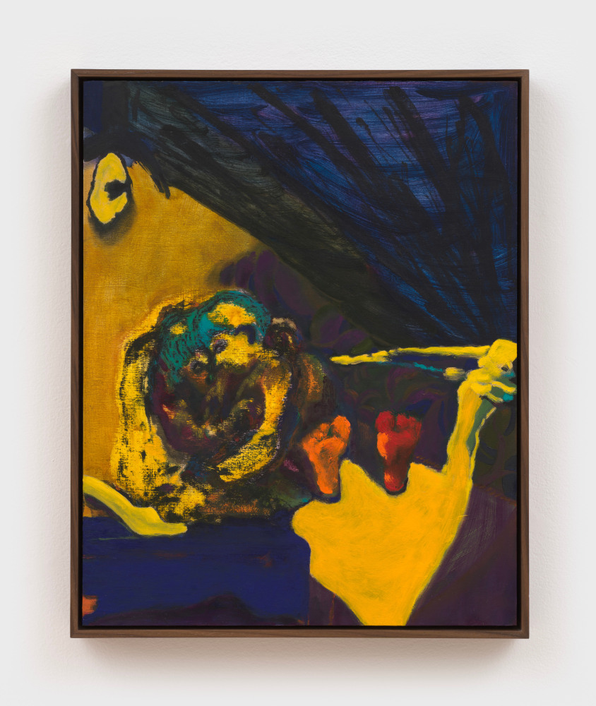 A small painting of two figures embraced in a bed rendered in bright yellows, deep blues and reds.