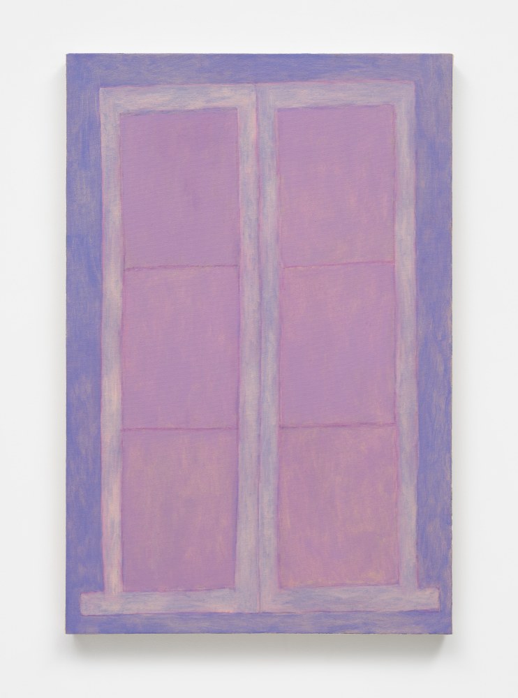 A painting of a paned window rendered in purple and pinks.