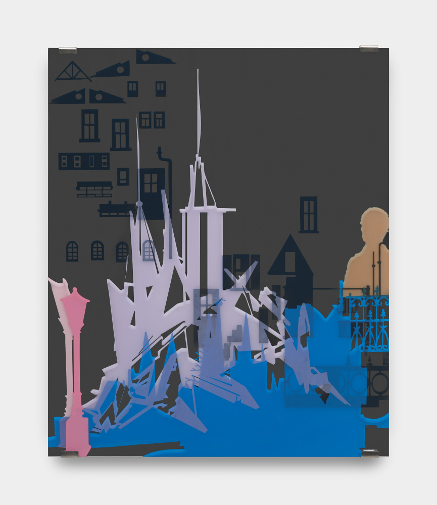 Layers of silkscreened images of churches, light posts, windows and a man's silhouette in pink, purple, blue, grey and brown on mirrored plexiglass.