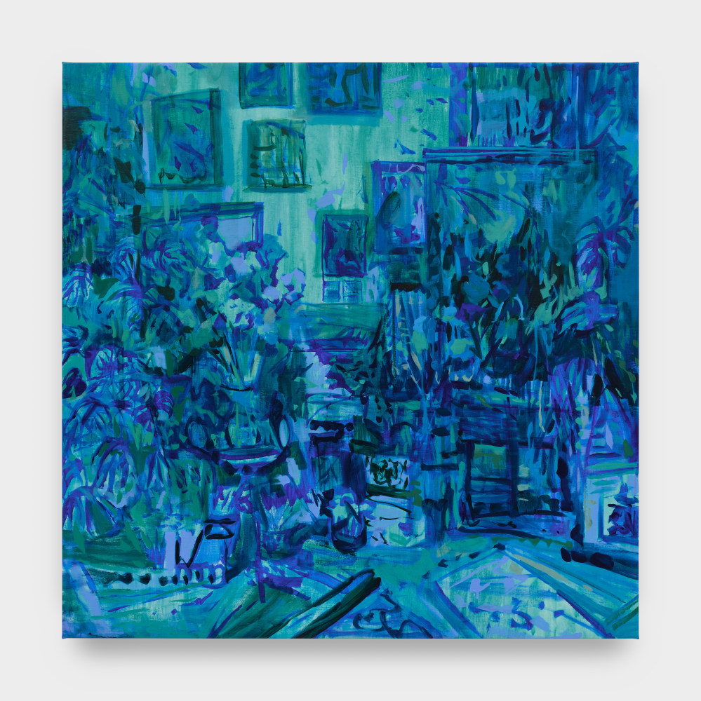 A painting by Elizabeth Schwaiger in blue and teal hues of a room with sprawling flowers and paintings on the walls.