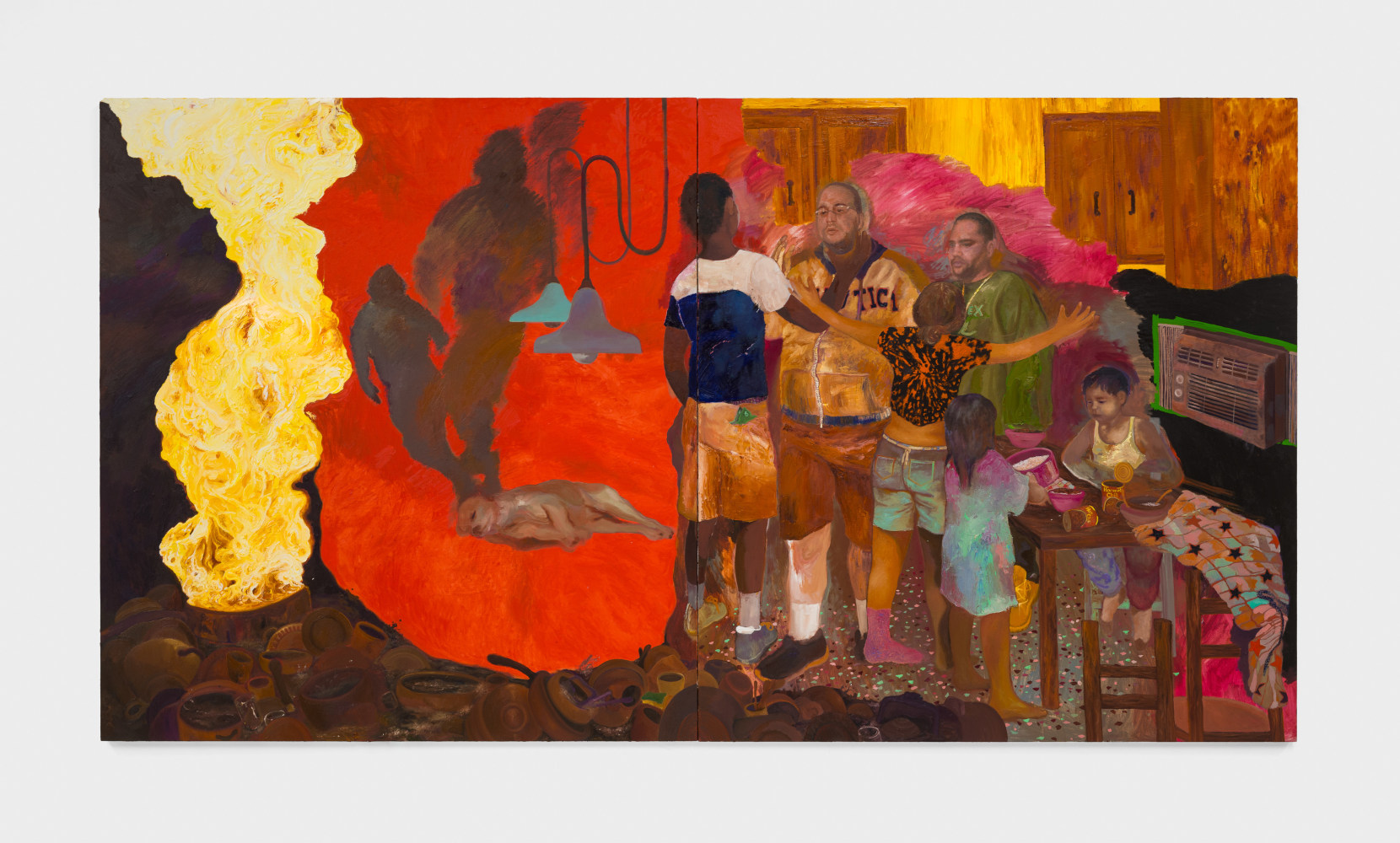 A two panel painting of a family scene inside their home with a burst of flame and ghostly figures emerging from a red space within the home.