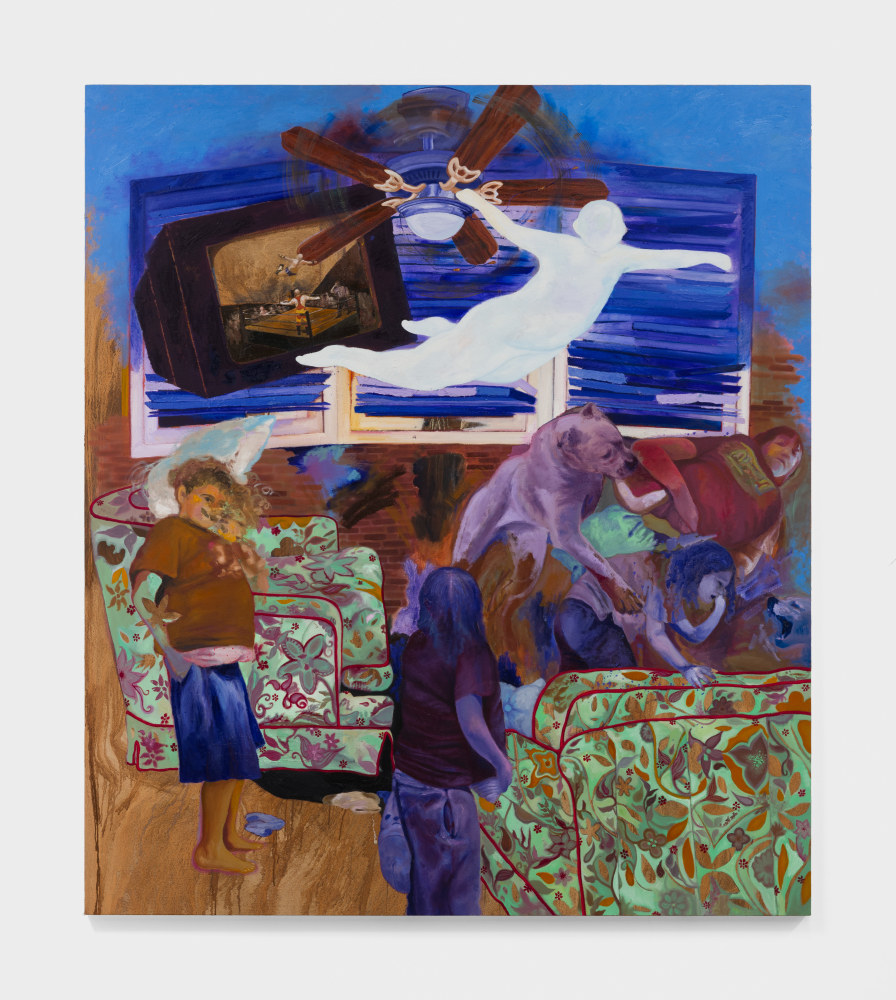 A painting by Veronica Fernandez of children play wrestling in a living room with a dog while a white ghostly silhouette of a boy appears to leap out of a tv that airs a wrestling program.