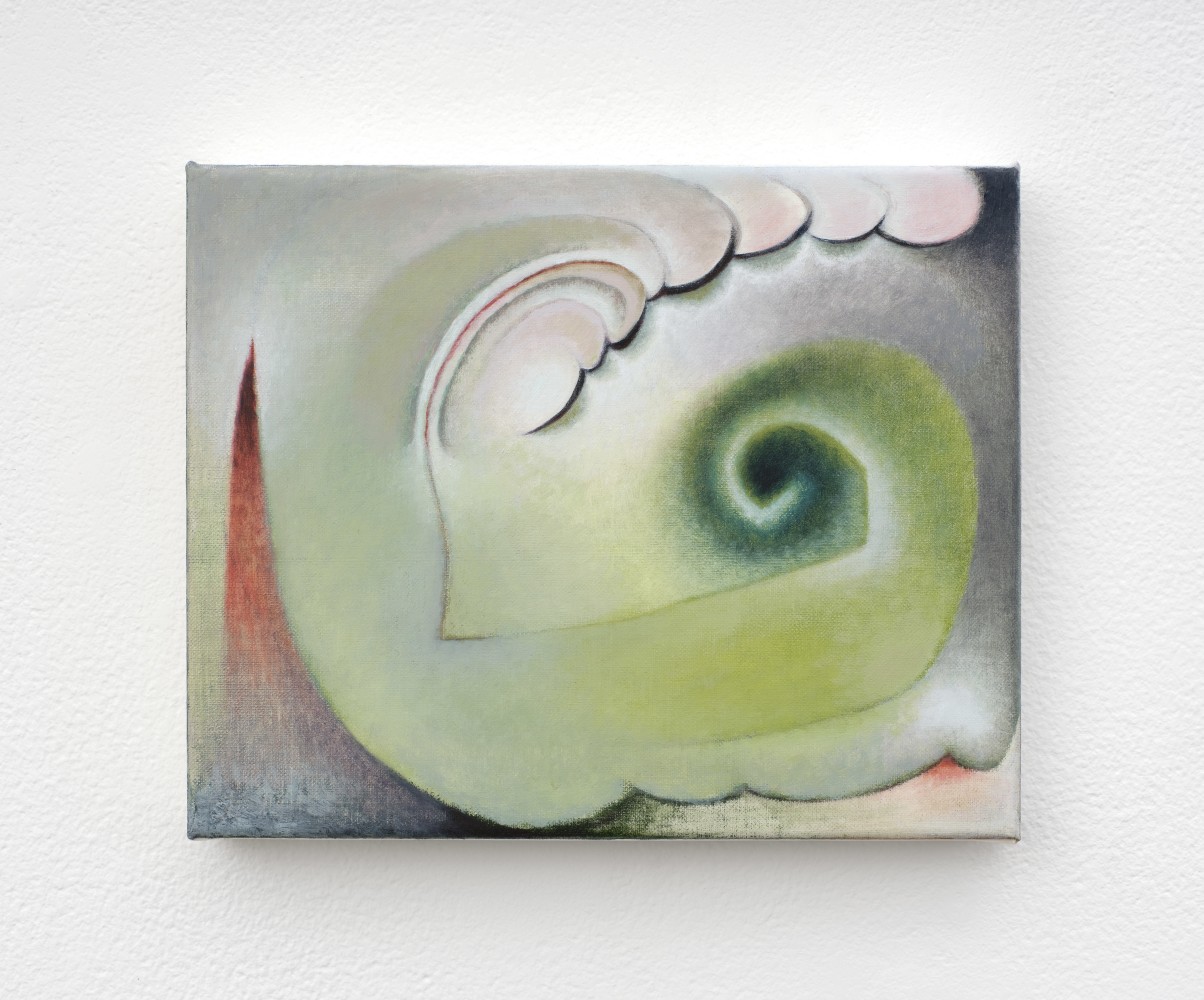 A small pale green painting of a swirling form with light pink cloud shapes in the periphery of the spiral.