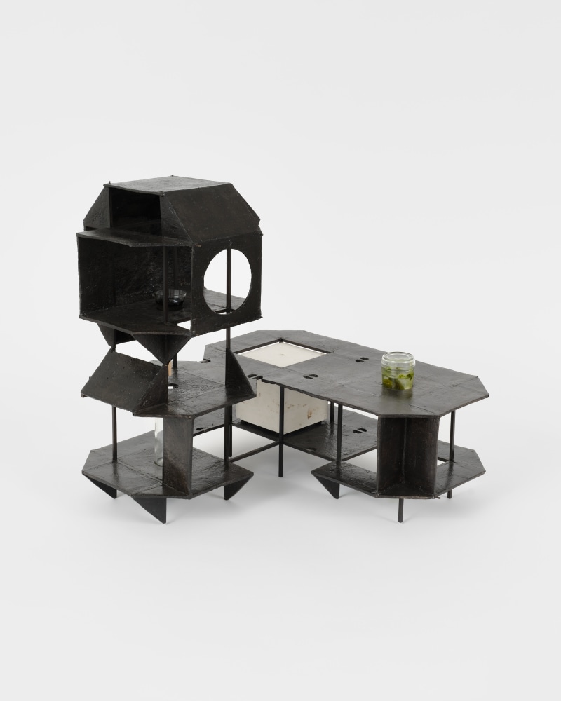 A sculpture by Alice Könitz of a small black three tiered platform with murky water in a glass jar.