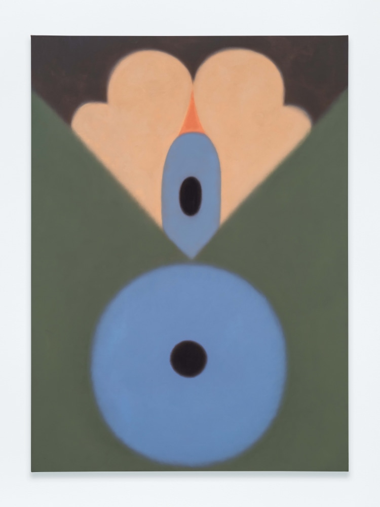 A painting with rounded blue and pink shapes between a triangular green valley.