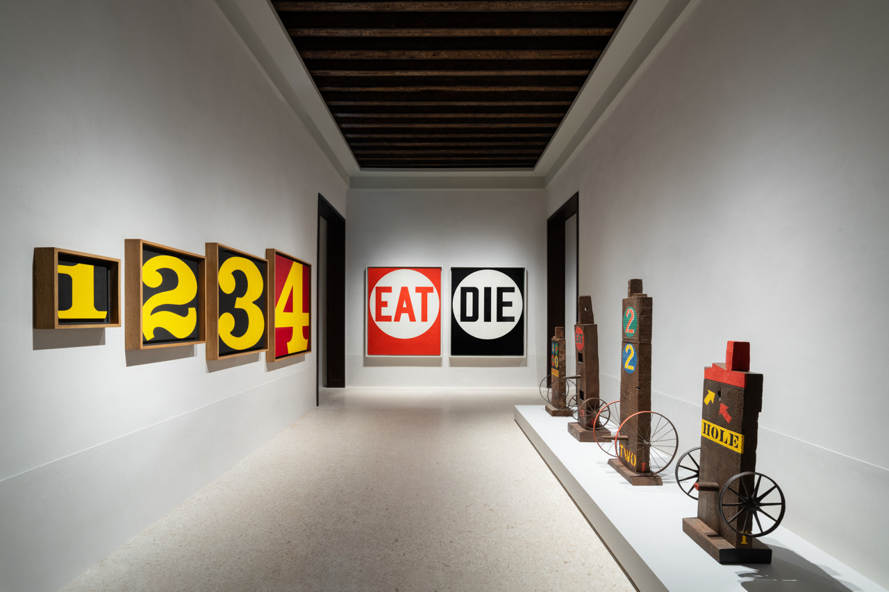 Installation view of Robert Indiana: The Sweet Mystery, Procuratie Vecchie, Venice, April 20&amp;ndash;November 24, 2024. Left to right, Exploding Numbers (1964&amp;ndash;66), Eat/Die (1962), Womb (1960&amp;ndash;62), Eat (1962, cast 1991), Two (1960&amp;ndash;62, cast 1991), and Hole (1960, cast 1991). Photo:&amp;nbsp;Marco Cappelletti