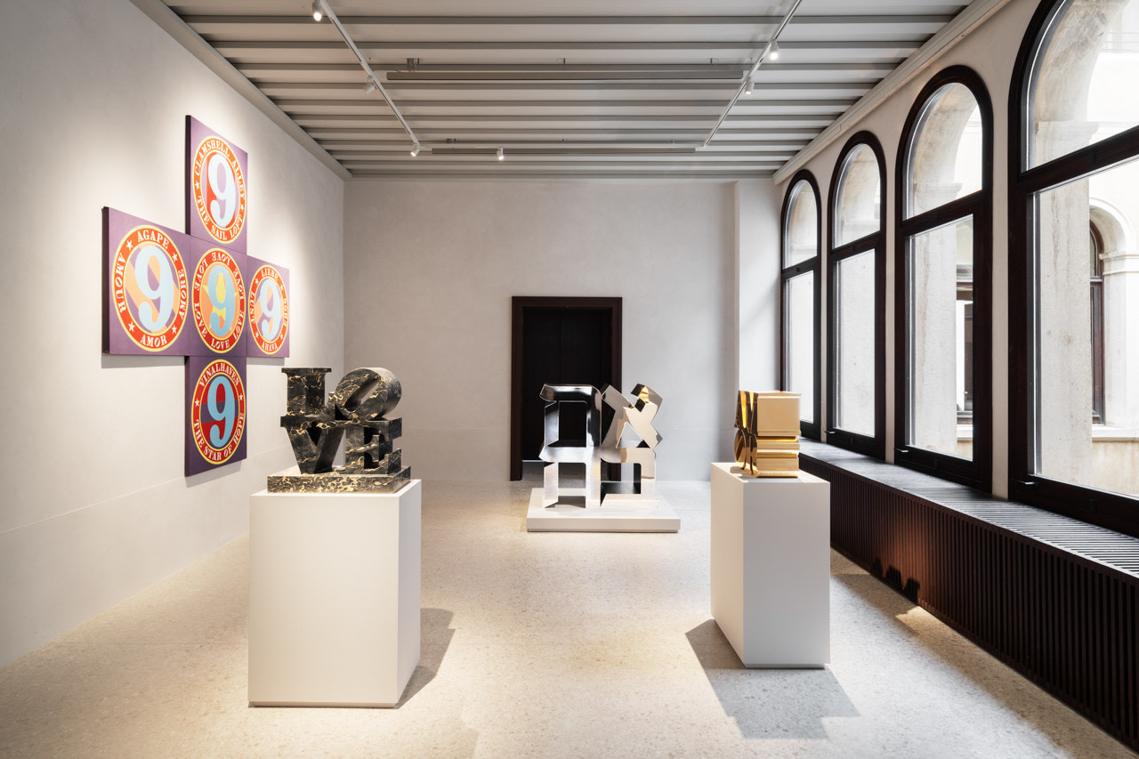 Installation view of Robert Indiana: The Sweet Mystery, Procuratie Vecchie, Venice, April 20&amp;ndash;November 24, 2024. Left to right: The Ninth Love Cross (2001), LOVE (1966&amp;ndash;2006), AHAVA (1977&amp;ndash;2004), and AMOR (1998&amp;ndash;2001). Photo: Marco Cappelletti