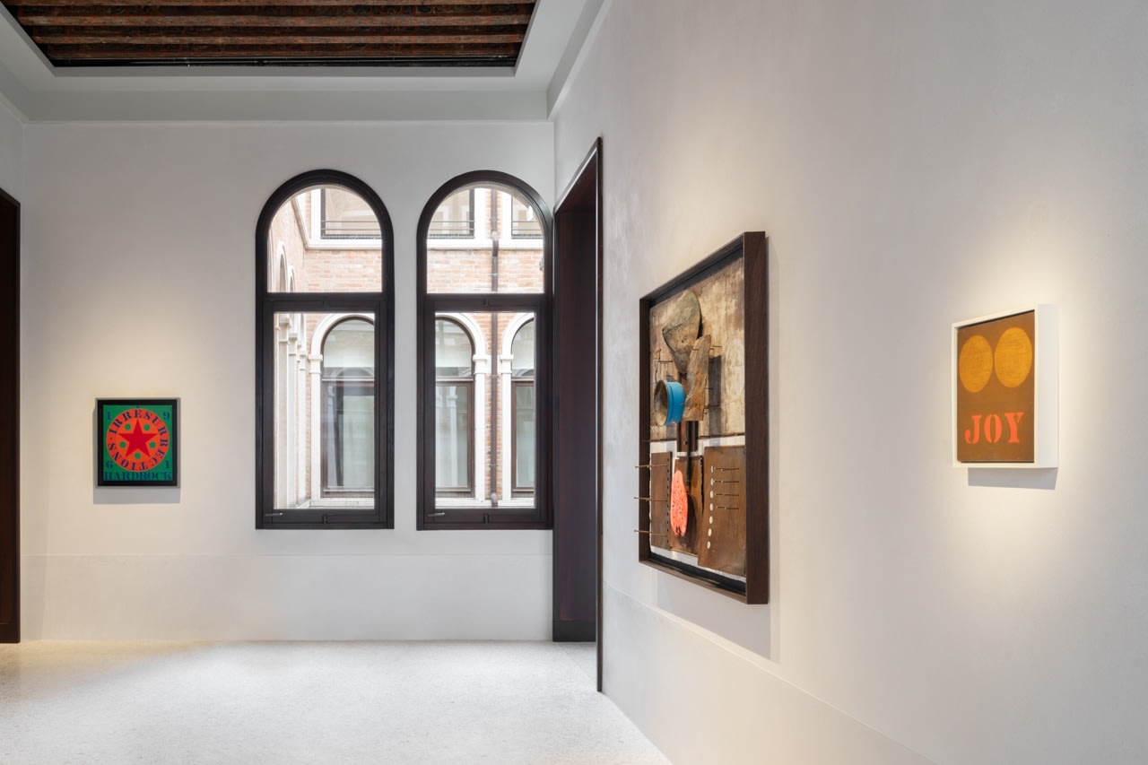 Installation view of Robert Indiana: The Sweet Mystery, Procuratie Vecchie, Venice, April 20&amp;ndash;November 24, 2024. Left to right: Hardrock (1961), Wall of China (1960&amp;ndash;61), and Joy (1961). Photo: Marco Cappelletti