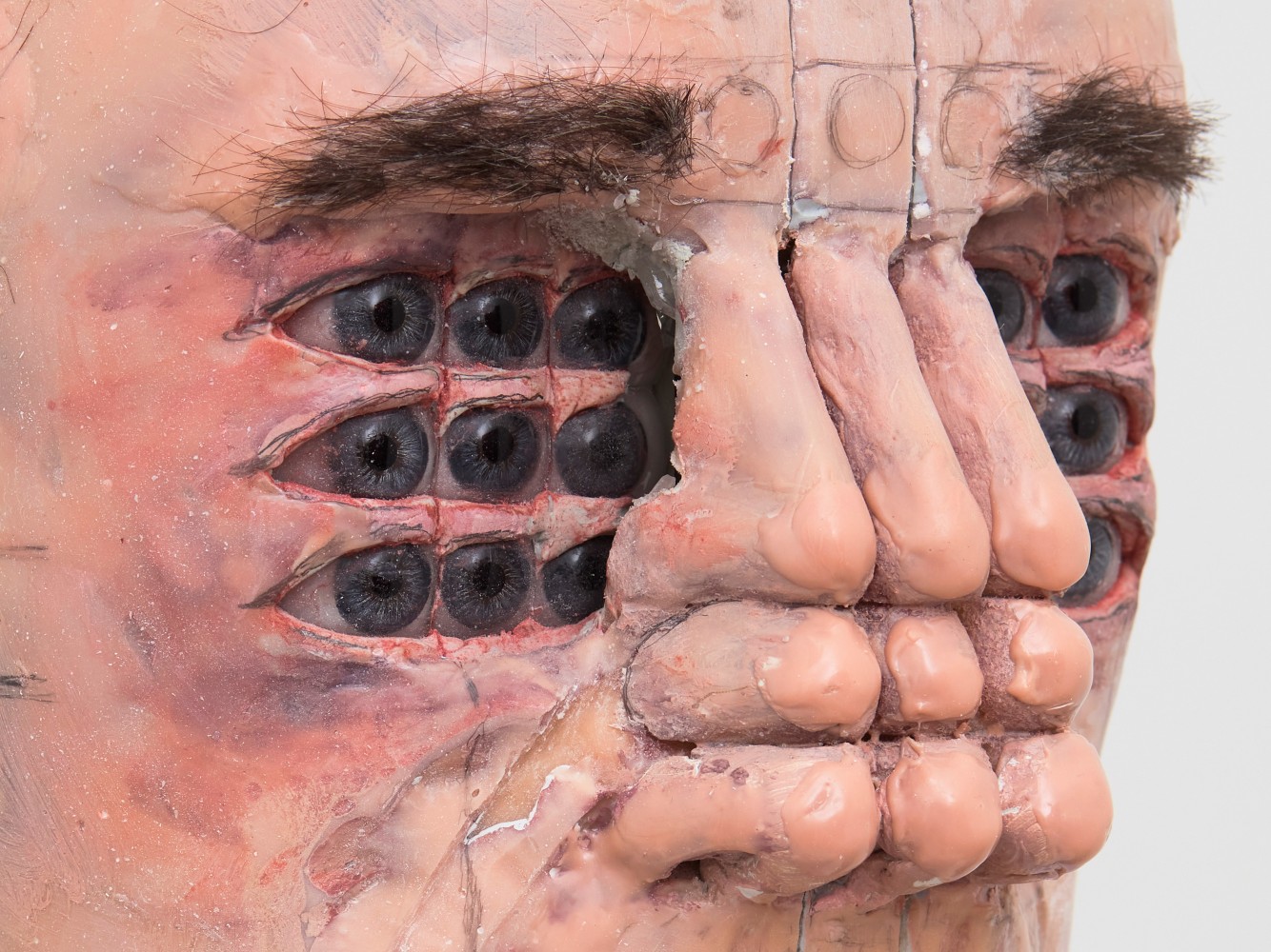 David Altmejd, enter, 2020 (detail), wood, steel, resin, expandable foam, epoxy clay, epoxy gel, artist&amp;#39;s hair, poodle hair, acrylic paint, quartz, glass eyes, glass rhinestones, and pencil, 30 x 22 x 17 1/2 inches, (76.2 x 55.9 x 44.5 cm)