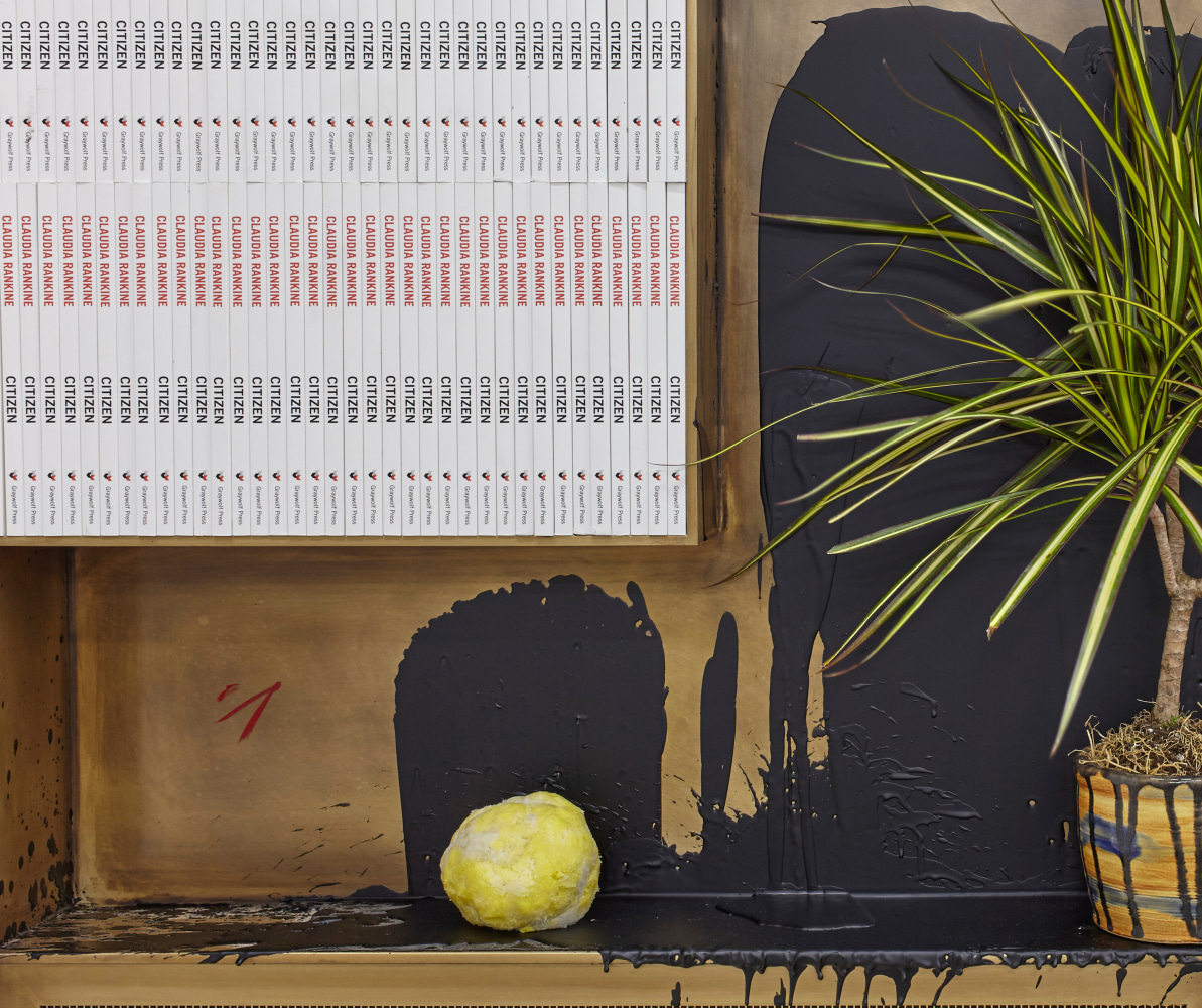 Rashid Johnson
Untitled Microphone Sculpture, 2018 (detail)
bronze panel, ceramic tile, mirror tile, animal skin, books, shea butter, oyster shell, ceramic, plant, black soap, and wax
72 x 96 x 6 1/8 inches
(182.9 x 243.8 x 15.6 cm)
Photo by Martin Parsekian