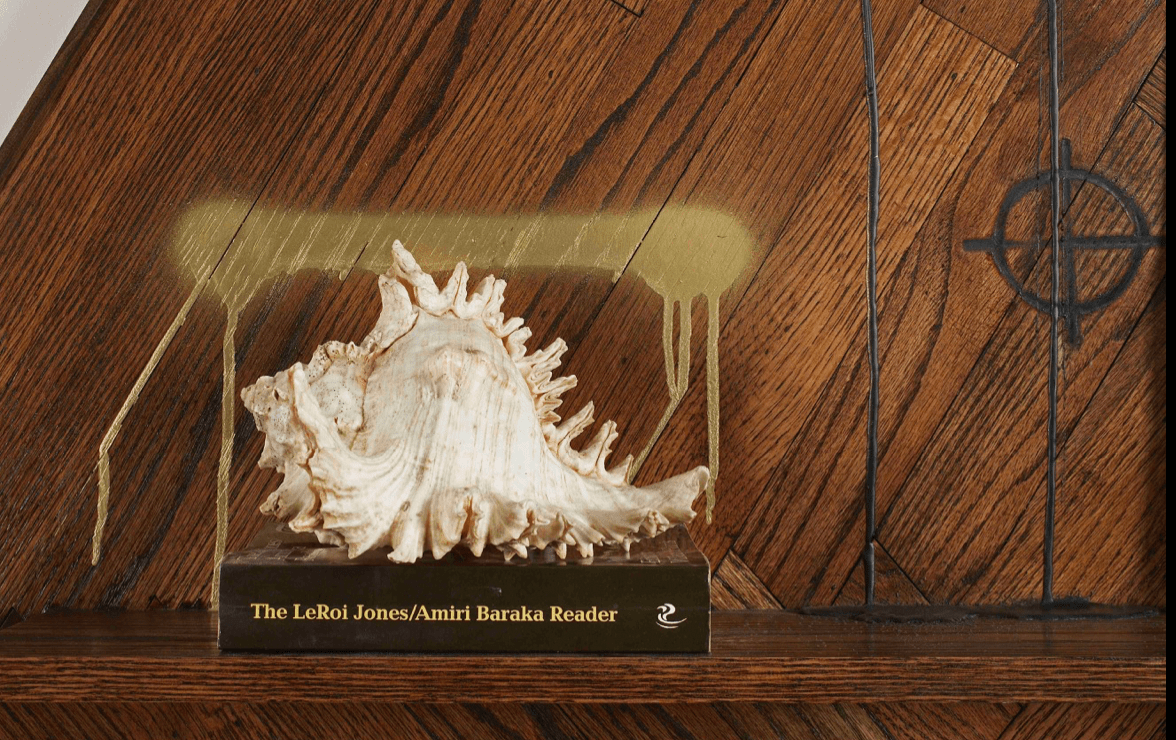 Rashid Johnson
Reader, 2011 (detail)
branded hardwood, vinyl, book, shell, space rock, and shea butter
56.5 x 68.5 x 7.25 inches
(143.5 x 174 x 18.4 cm)