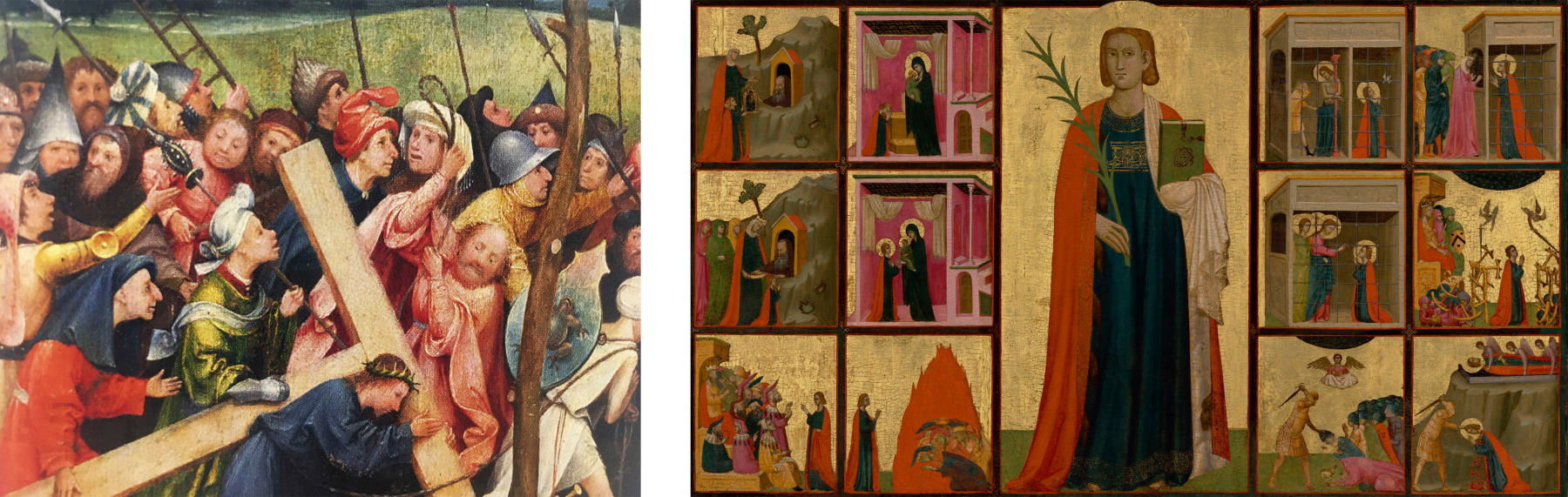 (left) Hieronymus Bosch,&amp;nbsp;Christ Carrying the Cross&amp;nbsp;(detail),&amp;nbsp;c. 1490-1510, oil on oak panel, 523 1/2&amp;nbsp;x&amp;nbsp; 12 1/2 inches (9.7 x 32 cm), &amp;copy; Gem&amp;auml;ldegalerie, Kunsthistorisches Museum, Vienna
(right)&amp;nbsp;Donato d&amp;#39;Arezzo and Gregorio d&amp;#39;Arezzo, Saint Catherine of Alexandria and Twelve Scenes from Her Life, c. 1330, tempera and gold leaf on panel, 42 1/8 &amp;times; 68 1/2 inches, (107 &amp;times; 174 cm), Collection&amp;nbsp;of The J. Paul Getty Museum