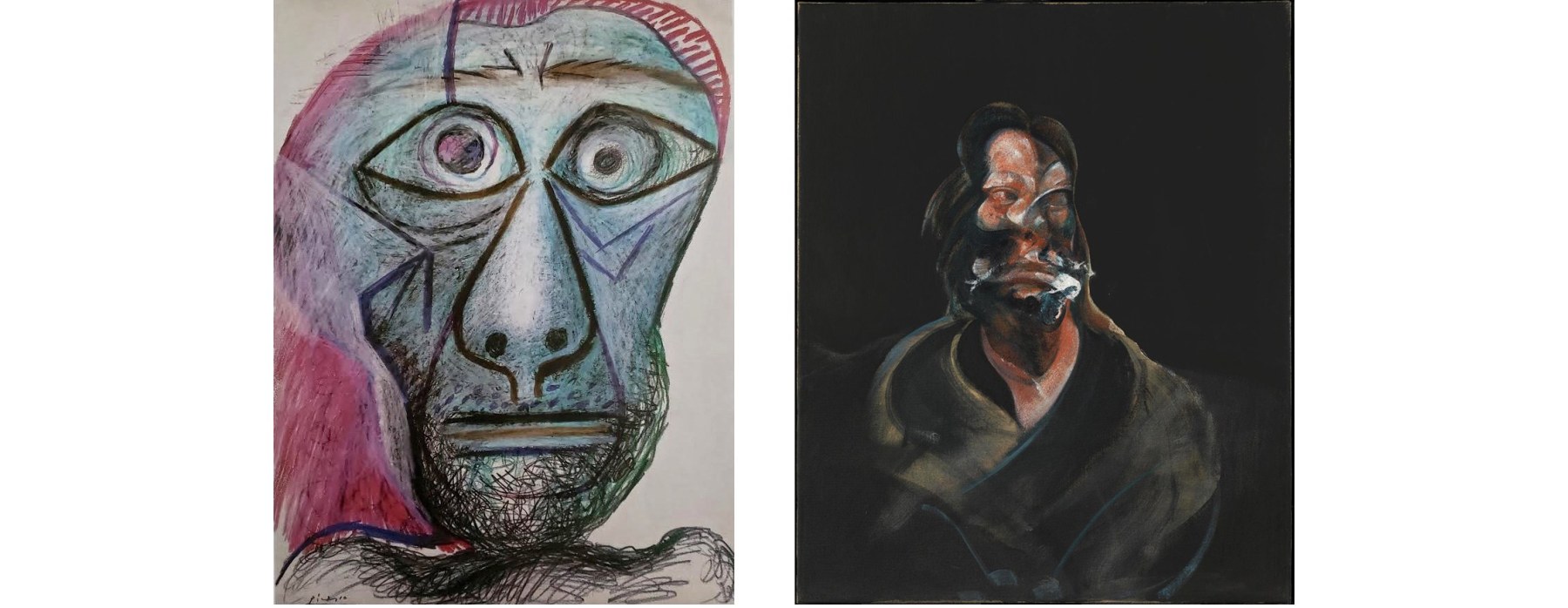 Left: Pablo Picasso, Self Portrait Facing Death, 1972, pencil and crayon on paper, 26 x 20 inches (65.7 x 50.5 cm)
Right:&amp;nbsp;Francis Bacon, Portrait of Isabel Rawsthorne, 1966, oil paint on canvas, 33 x 27 inches (83.82 x 68.58 cm), &amp;copy; Estate of Francis Bacon