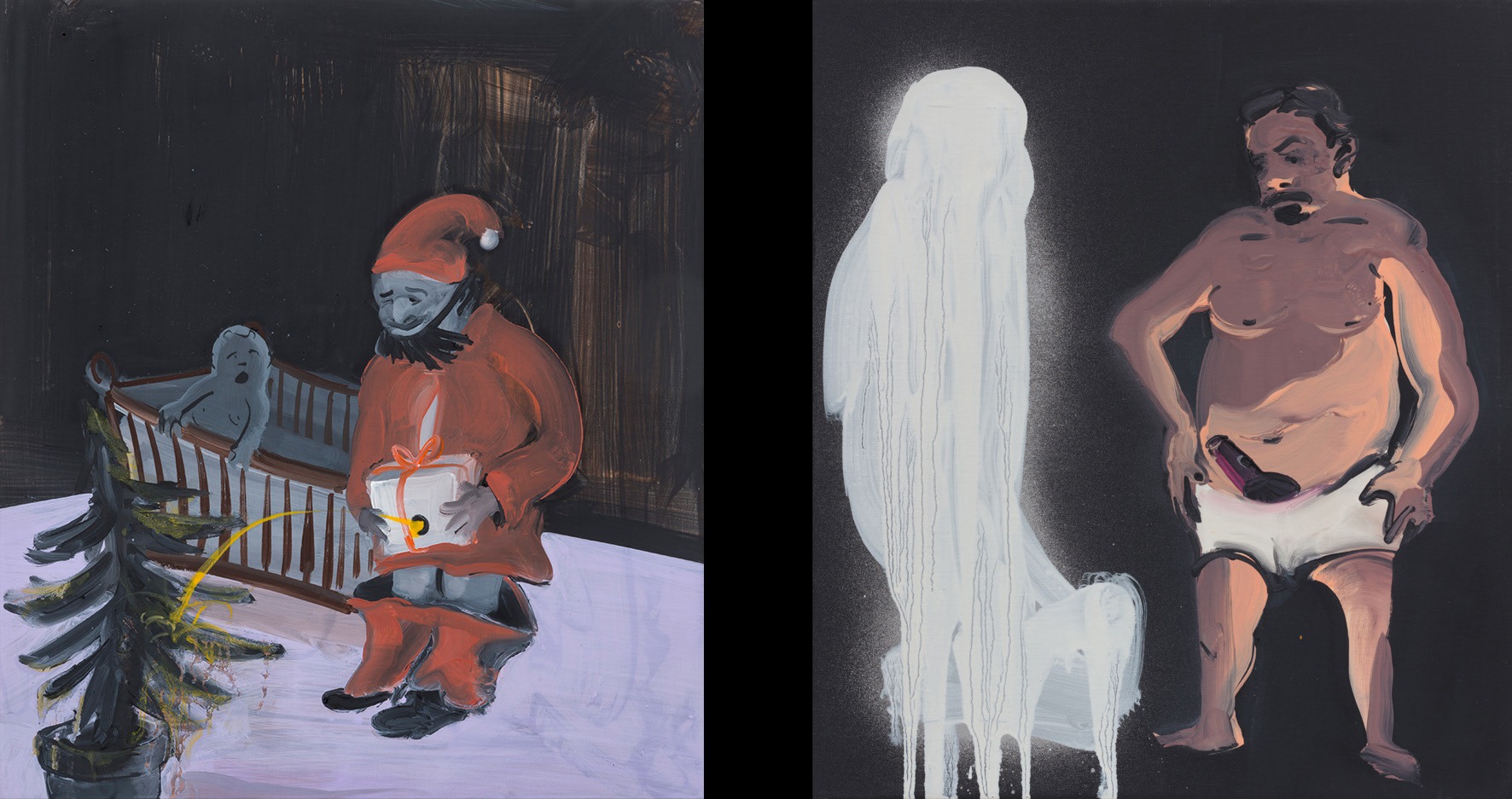 Left: Tala Madani, Tree, 2015, oil on linen, 16 1/4 x 14 1/4 x 1&amp;nbsp;inches&amp;nbsp;(41.3 x 36.2 x 2.5&amp;nbsp;cm), Photo by Joshua White;
Right: Tala Madani, Specter III, 2016, oil and spray paint on linen, 16 1/4 x 14 1/8 x 1 inches (41.3 x 35.9 x 2.5 cm), Photo by Fredrik Nilsen Studio