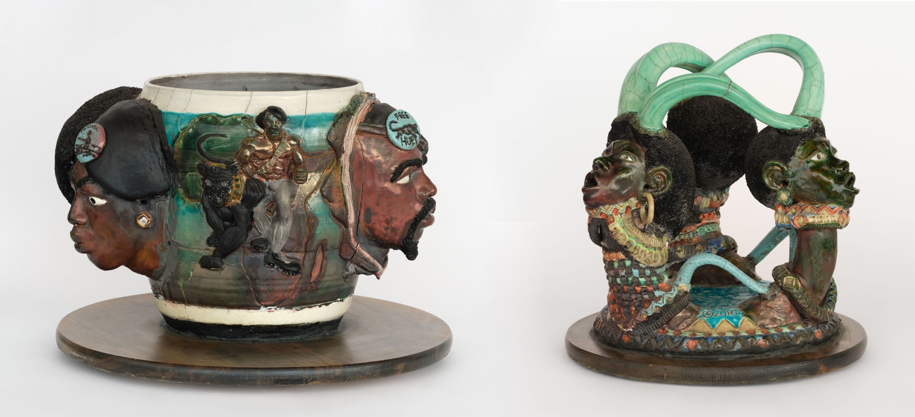 Akinsanya Kambon Birth of The Vanguard , 2016 Raku fired ceramic 2 parts: 18 x 14 x 14 inches (wood base: 1/2 x 17 x 17 inches), 15 x 20 x 20 inches (wood base: 1 x 22 x 22 inches)