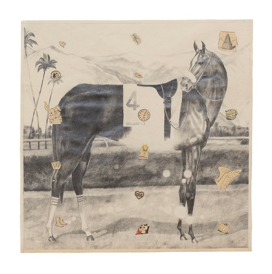 A drawing by the artist featuring a race horse.