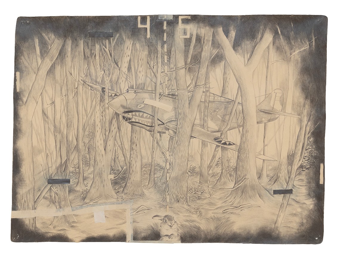 A drawing including a thumper plane by the artist