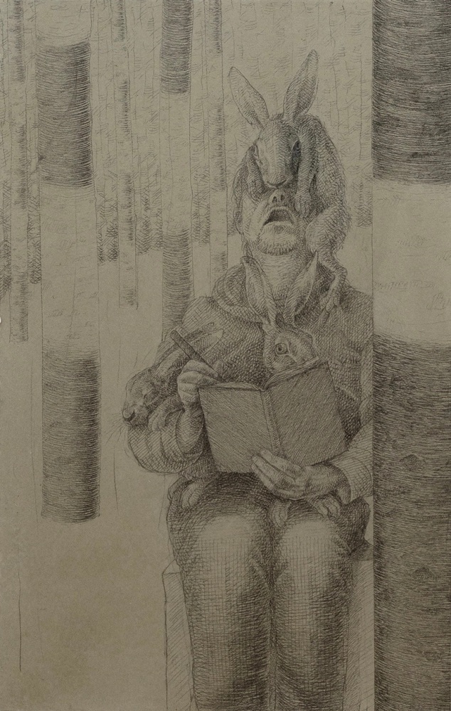 A drawing of the artist in the studio with three hares