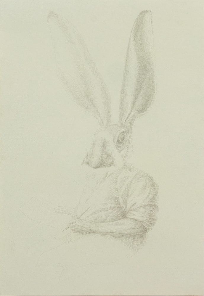 A drawing of a rabbit in men's clothes