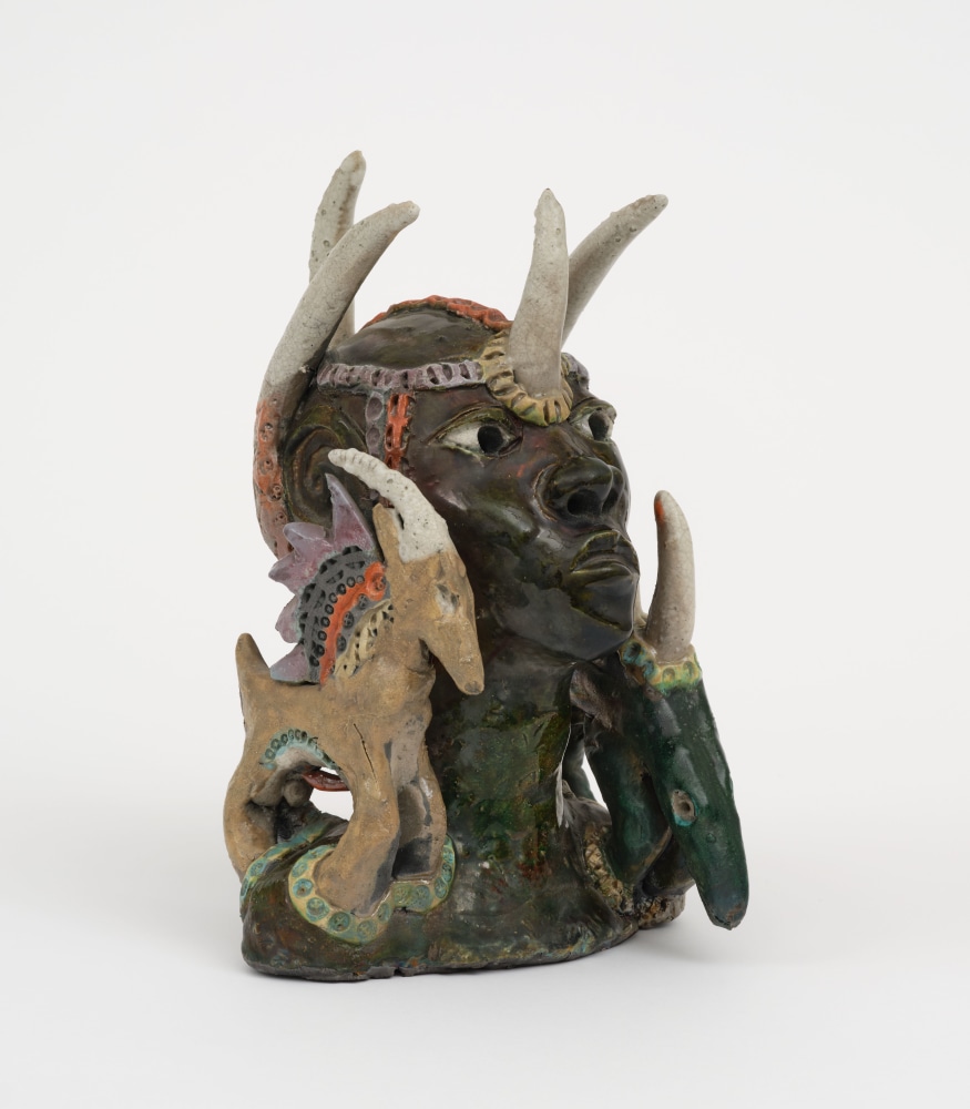 Akinsanya Kambon, Bambara Woman accompanied by Chiwaras, 2021, Raku fired ceramic, 10 1/2 x 8 x 9 inches