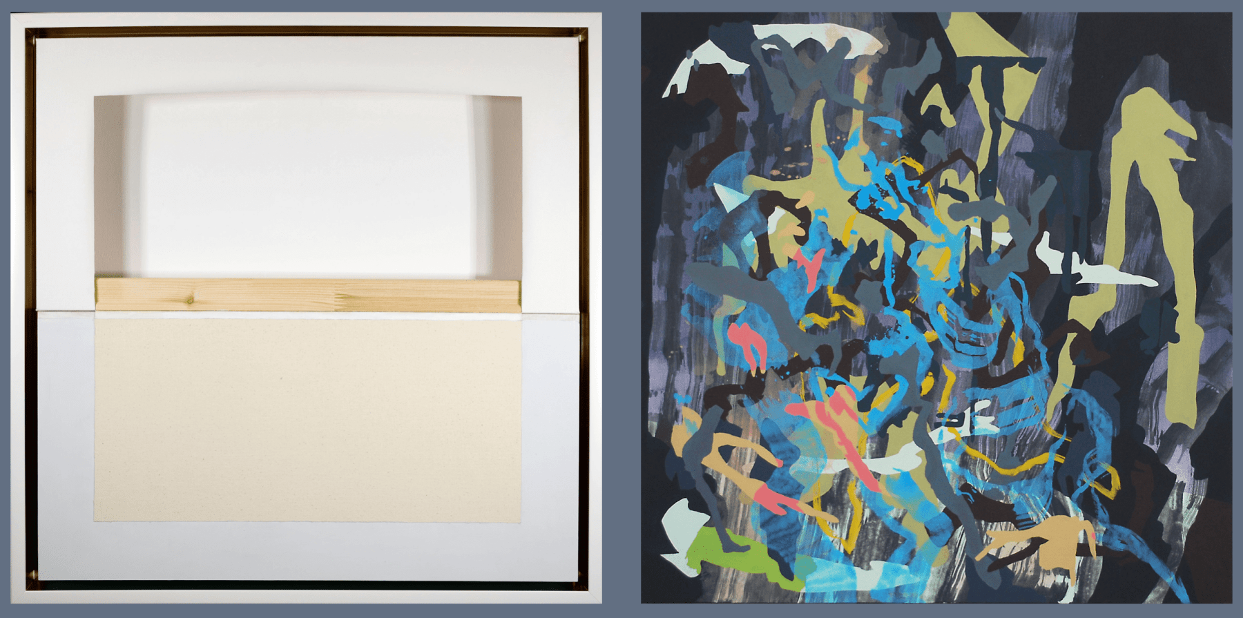 L: Dan Tague,&nbsp;Event Horizon, 2019, Gesso, wax, and enamel on canvas and wood. 24 x 24 inches, R: Aaron Collier,&nbsp;Of the Rocks, 2018, Flashe on canvas, 36 x 36 inches