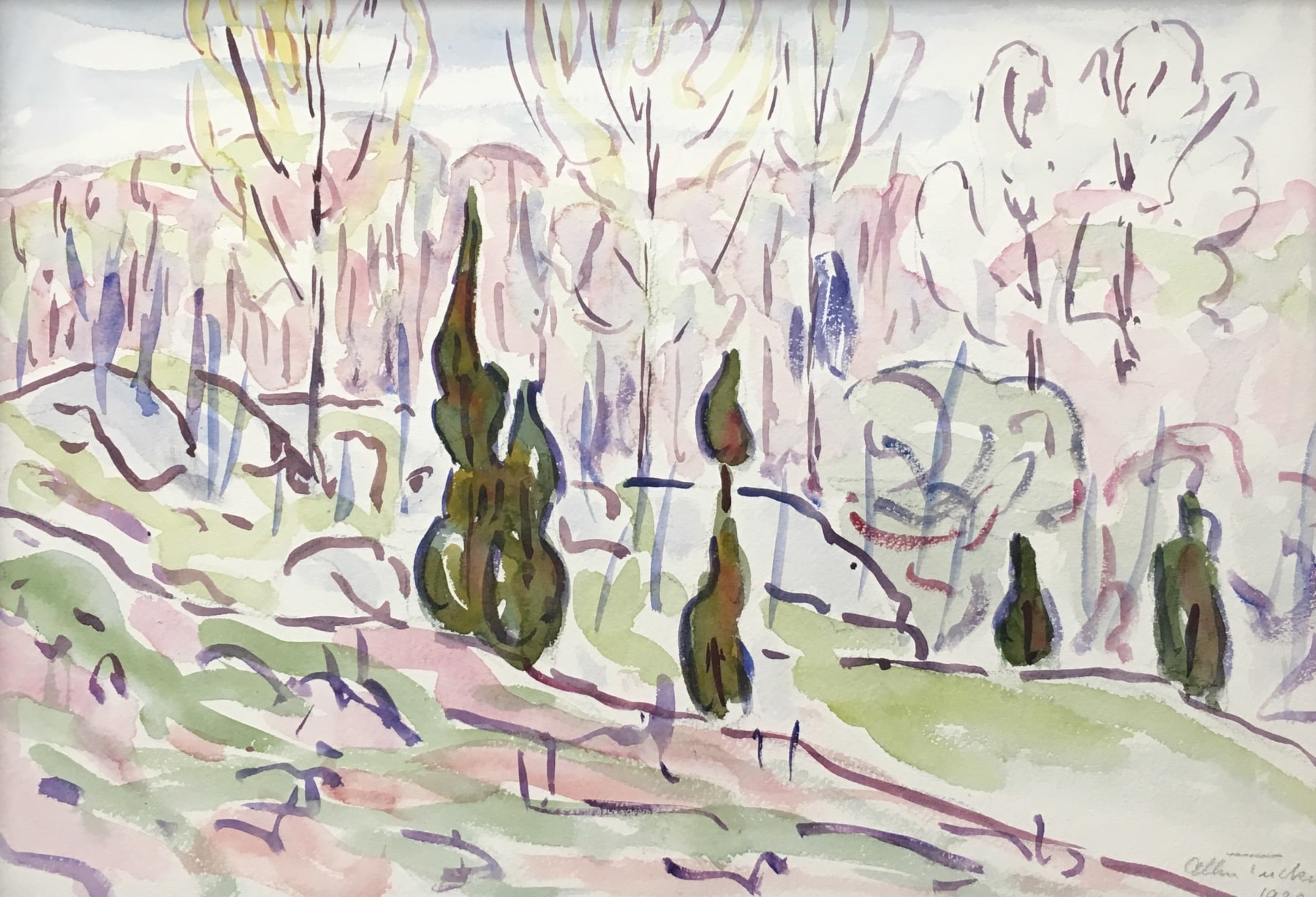Allen Tucker watercolor 1930 painting entitled &quot;Poplars.&quot;