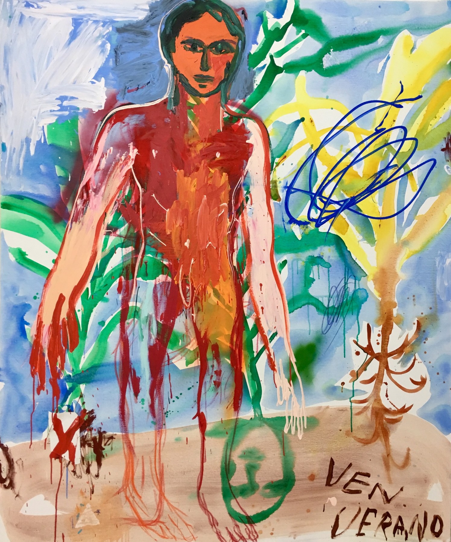 Ven Verano, 2018, Acrylic, oil, crayon, and spray paint on canvas