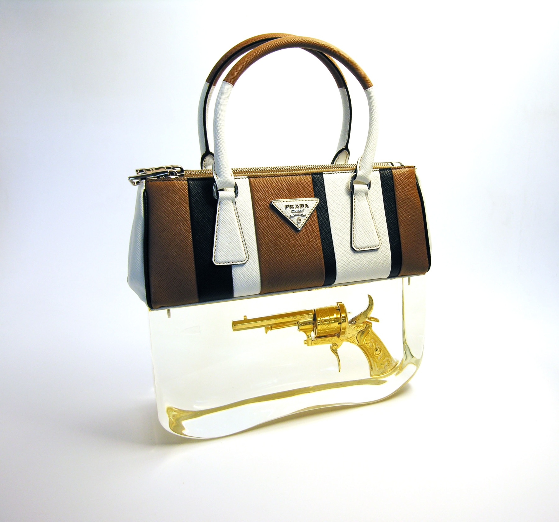 Ted Noten, Dutch Design, acrylic handbag, Prada, golden gun