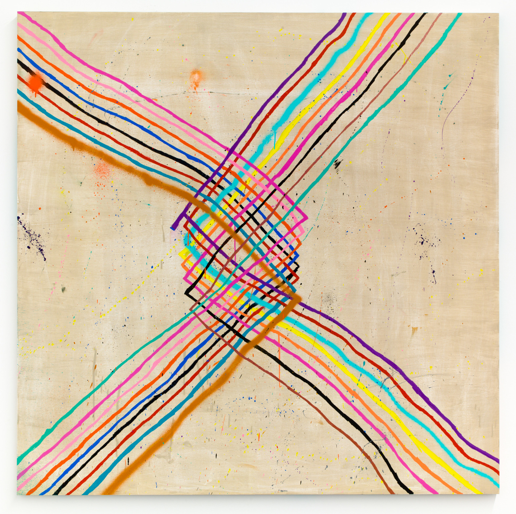 Untitled, 2017, Spray paint, latex paint, pencil and crayon on wood, 60 x 60 inches