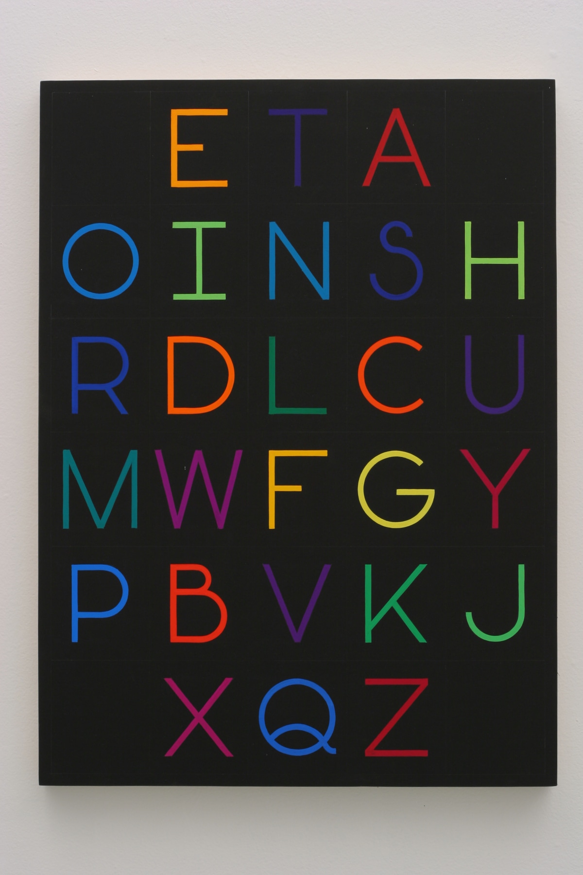 Written alphabet, with multiple colors on black background