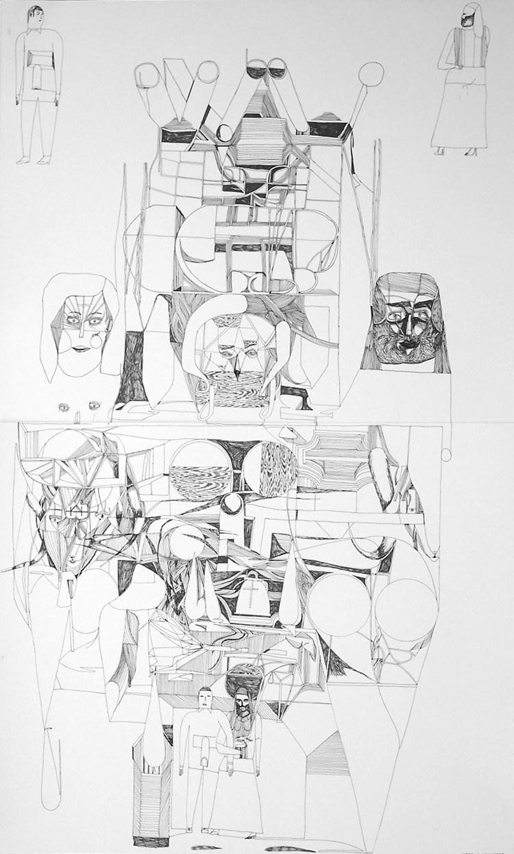 Black pencil sketch, various faces