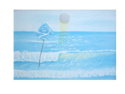 Painting of wave crashing, with blue flower
