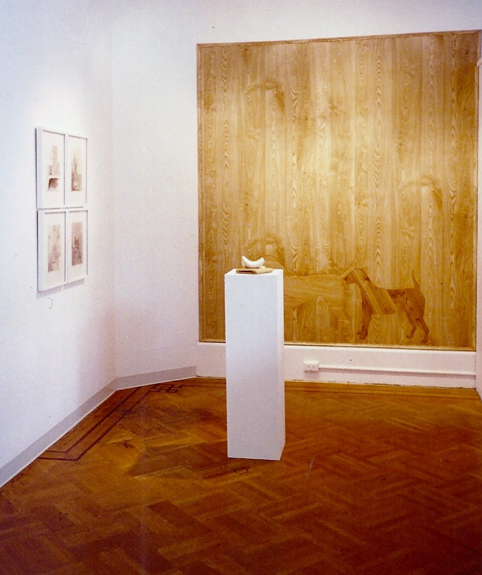 Installation view, showing large wood work