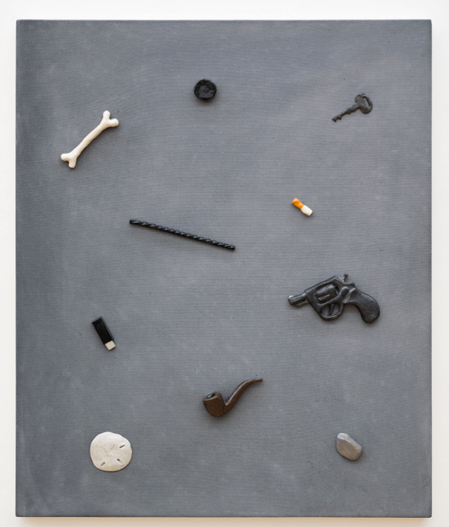 Scott Reeder, acrylic and ceramics on canvas, featuring various objects