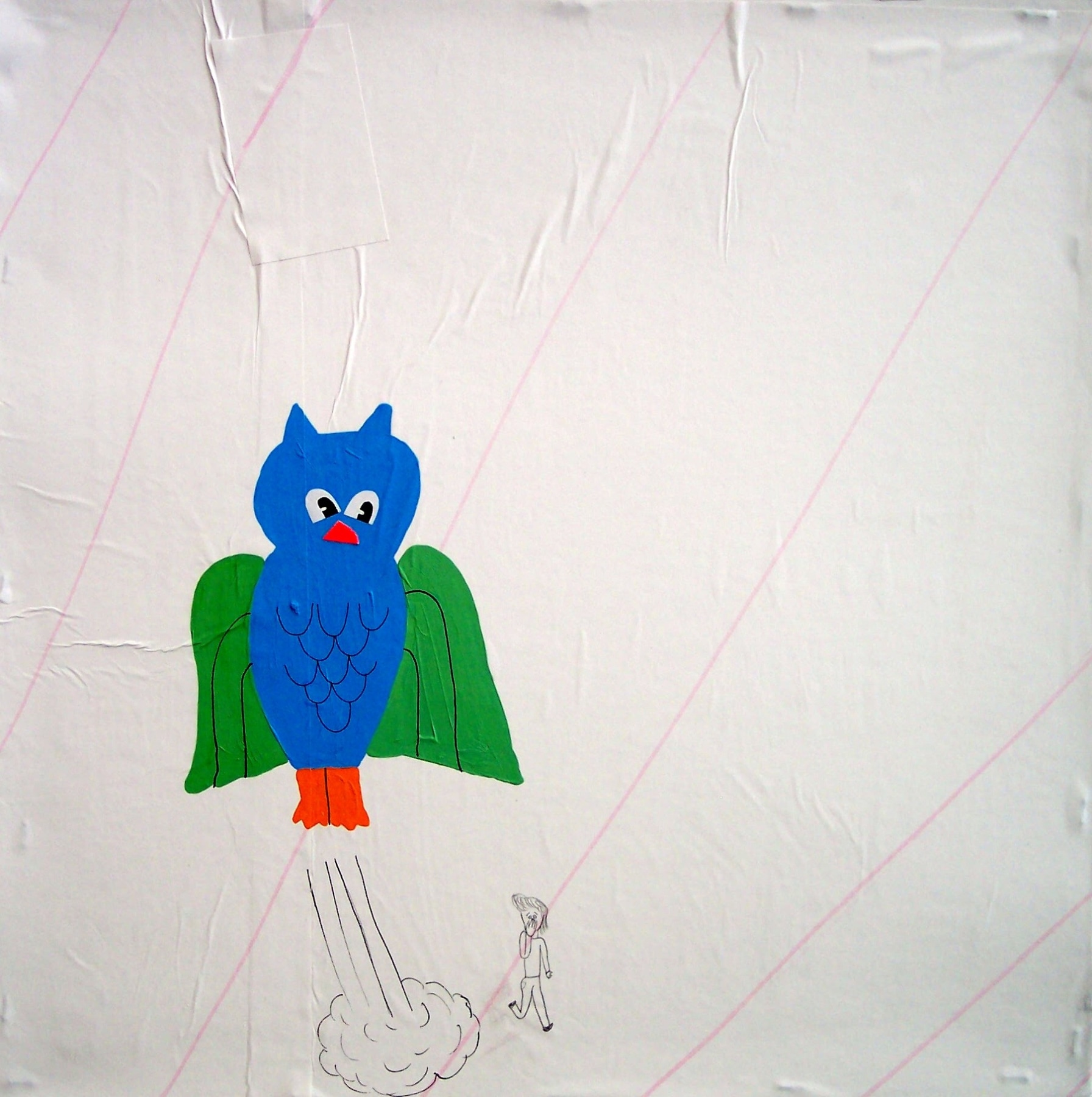 Blue painted owl next to small man