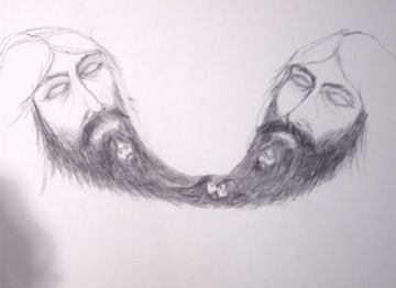 Two faces sharing beard