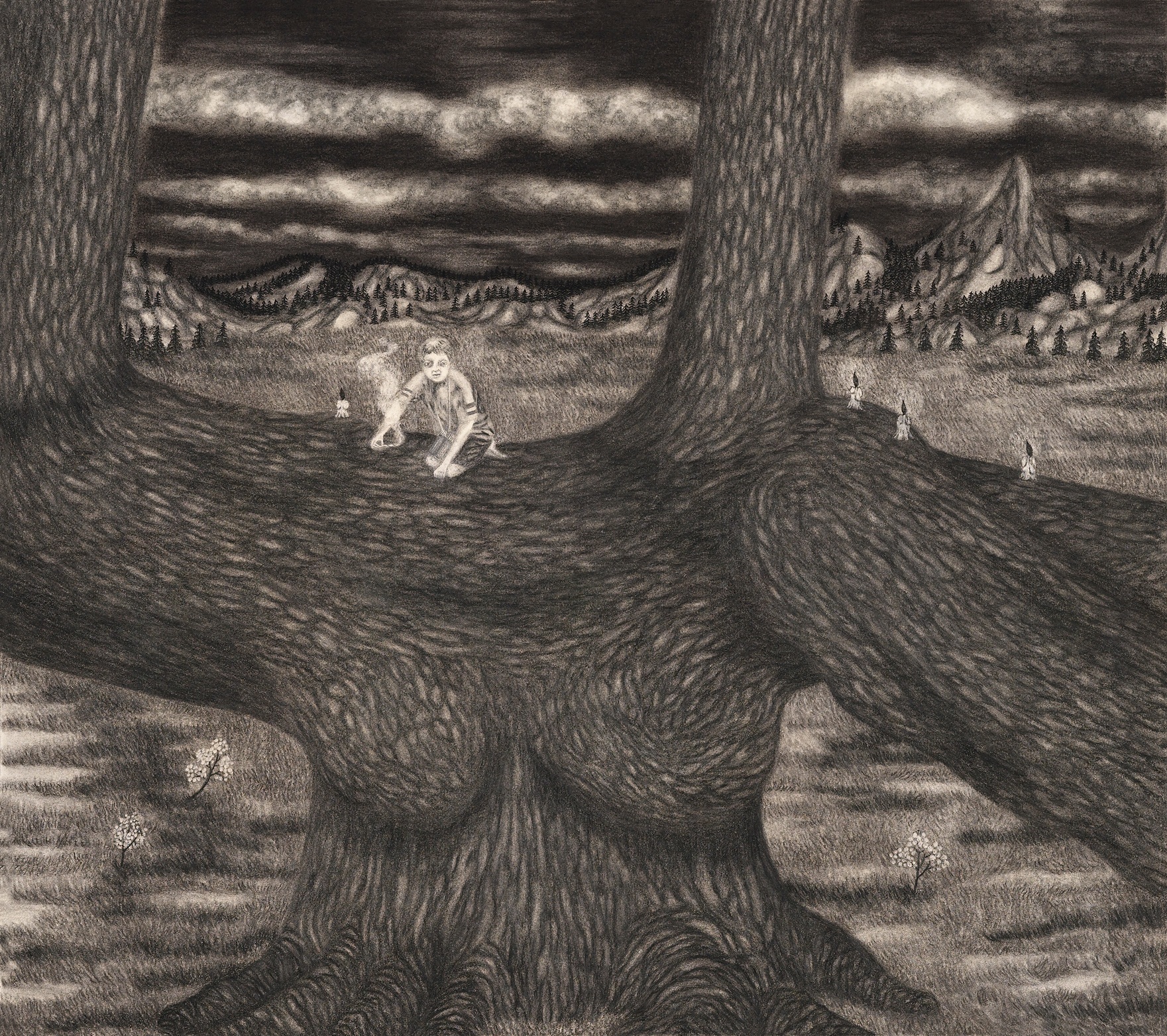 Drawing of boy climbing darkened tree